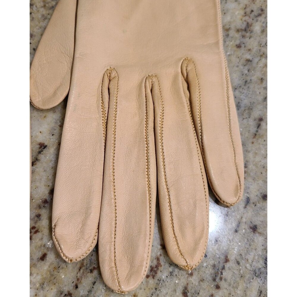 Vintage Size S Pumpkin Beige Soft Leather Formal 9" Gloves Wrist Weave Bow - Picture 3 of 15